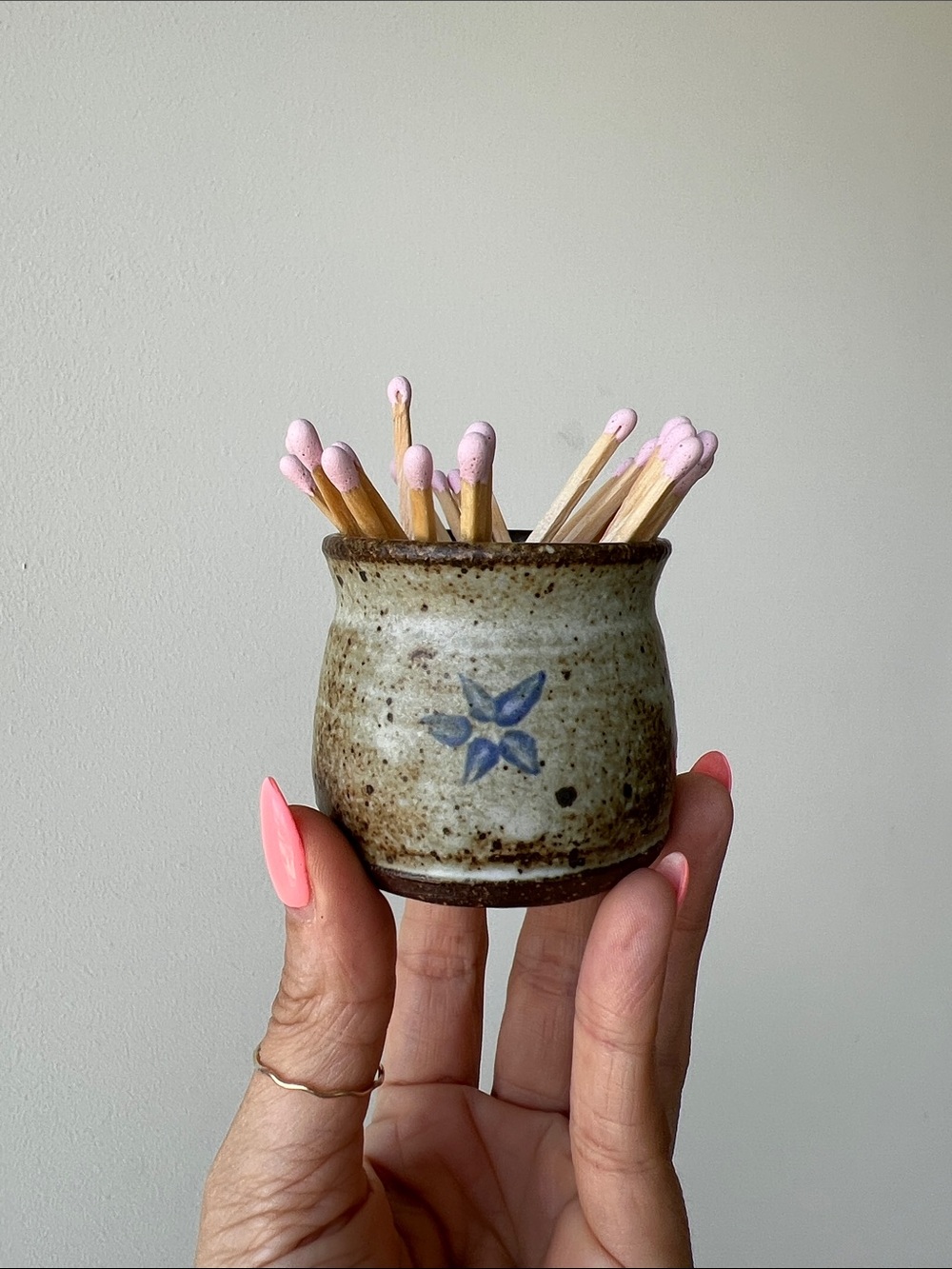 Small Mini Handmade Pottery Vase Match Holder Vintage